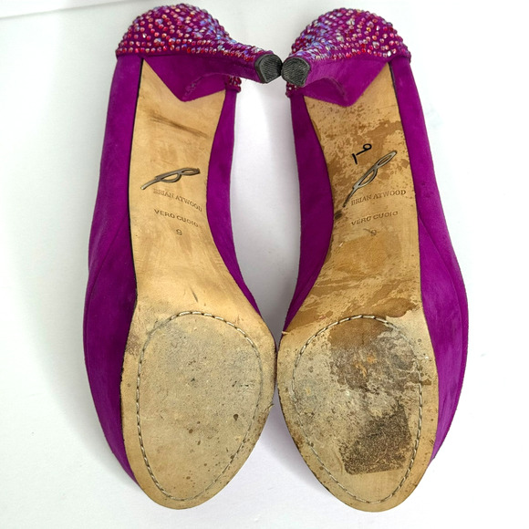 Brian Atwood Baccina Heel Womens 9 Purple Suede Crystal Peep Toe Platform Pump - Picture 8 of 10